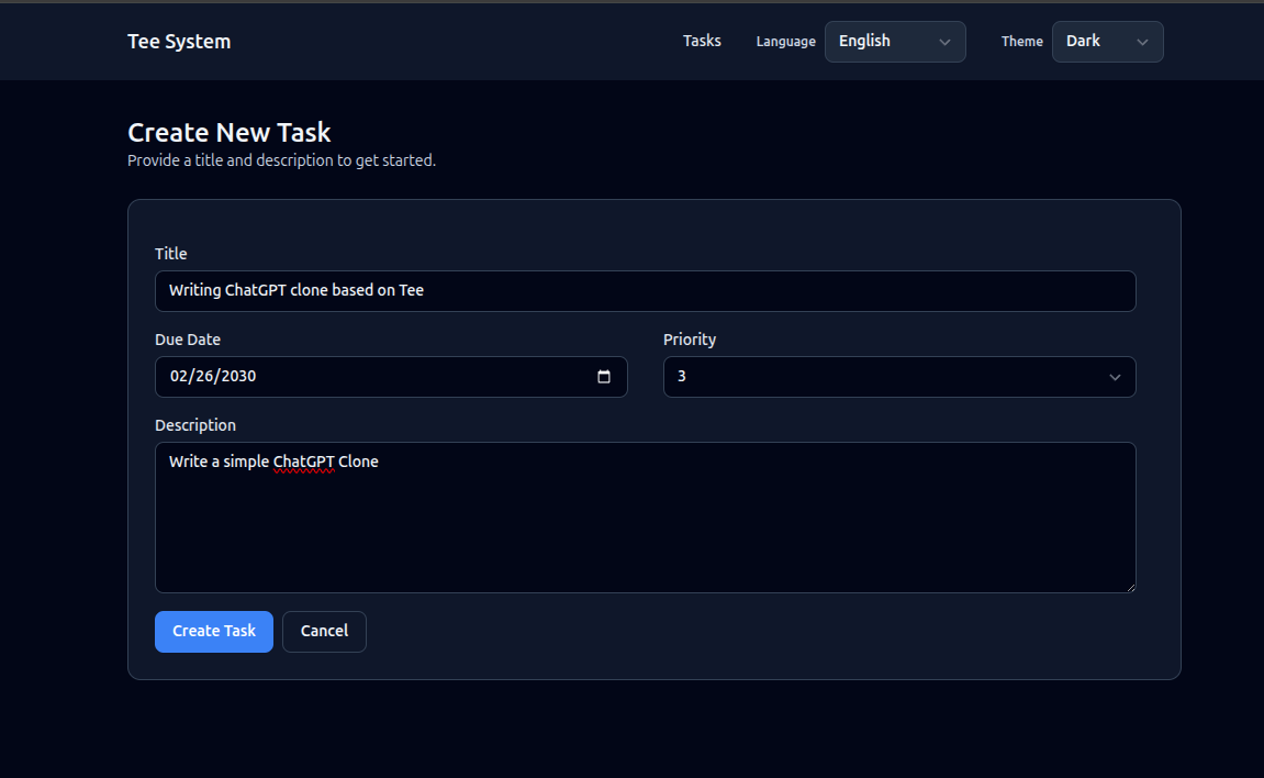 Task create screen image.